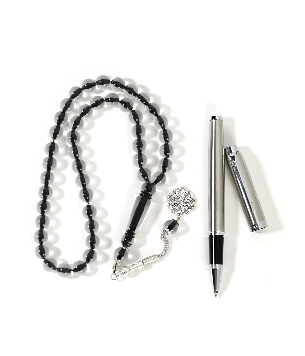 SILVER SET ROLLER PEN & ROSARY & INCENSE BURNER