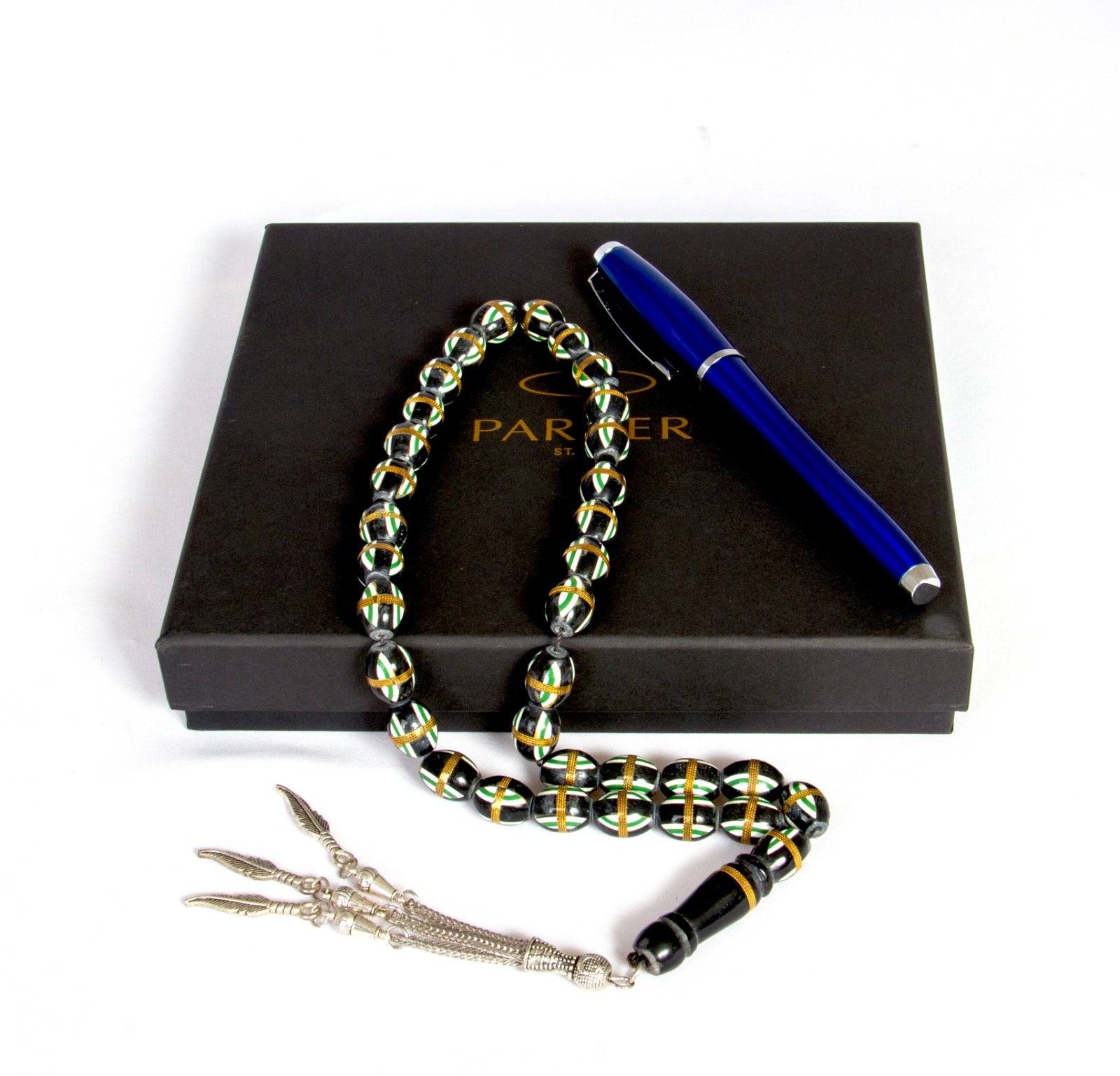 طقم قلم باركر حبر ريشة لاكر لون ازرق مع سبحة خشب الكوك