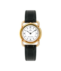 SWISS WATCH STAINLESS G/P WITH LEATHER STRAP WITH ZIRCONIA STONES