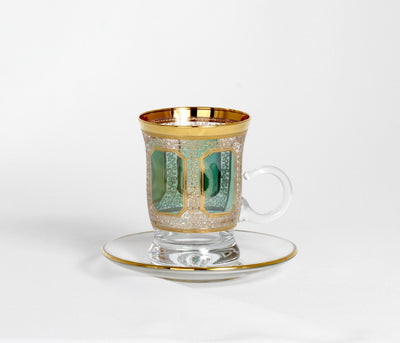 POLAND TEA CUP+SAUCER SET 6 PCS GREEN W GOLD