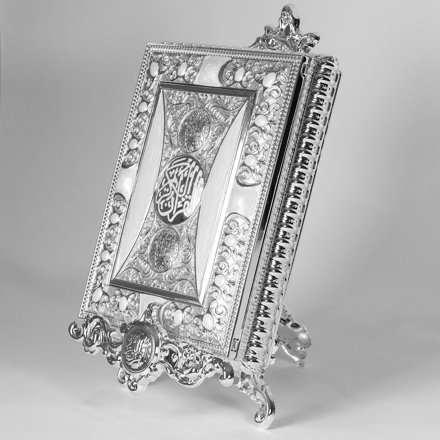 SET SILVER PLATED QURAN BOX W/HOLDER &amp; QOURAN BOOK MEDIUM