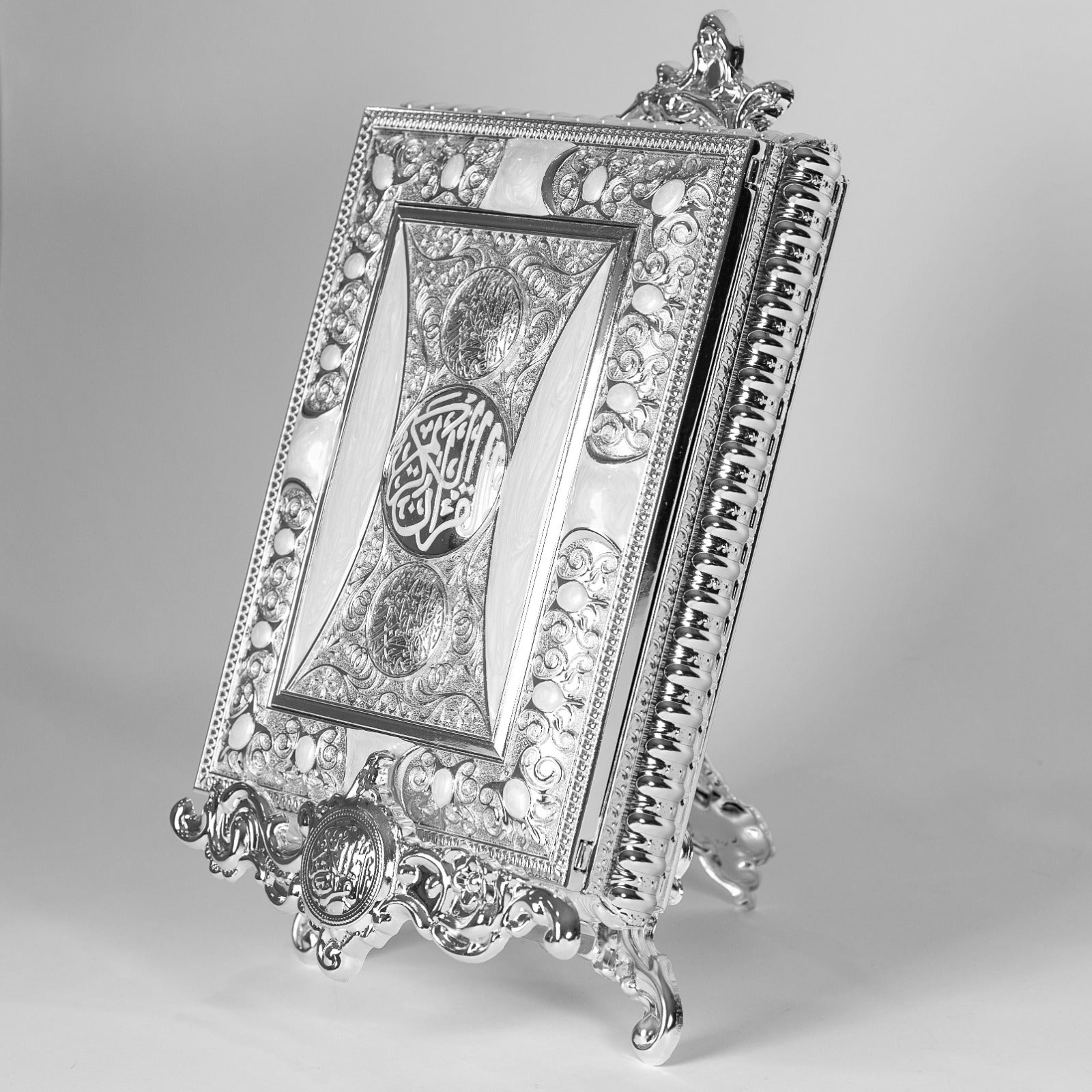 SET SILVER PLATED QURAN BOX W/HOLDER & QOURAN BOOK LARGE