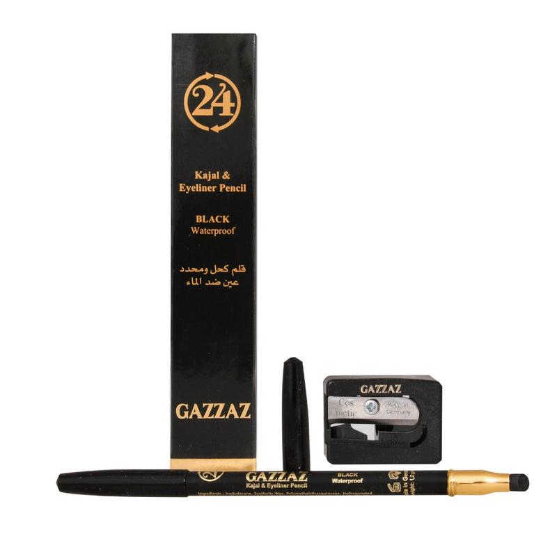 GAZZAZ KAJAL & EYELINER PENCIL WATERPROOF BLACK W/SHARPNER