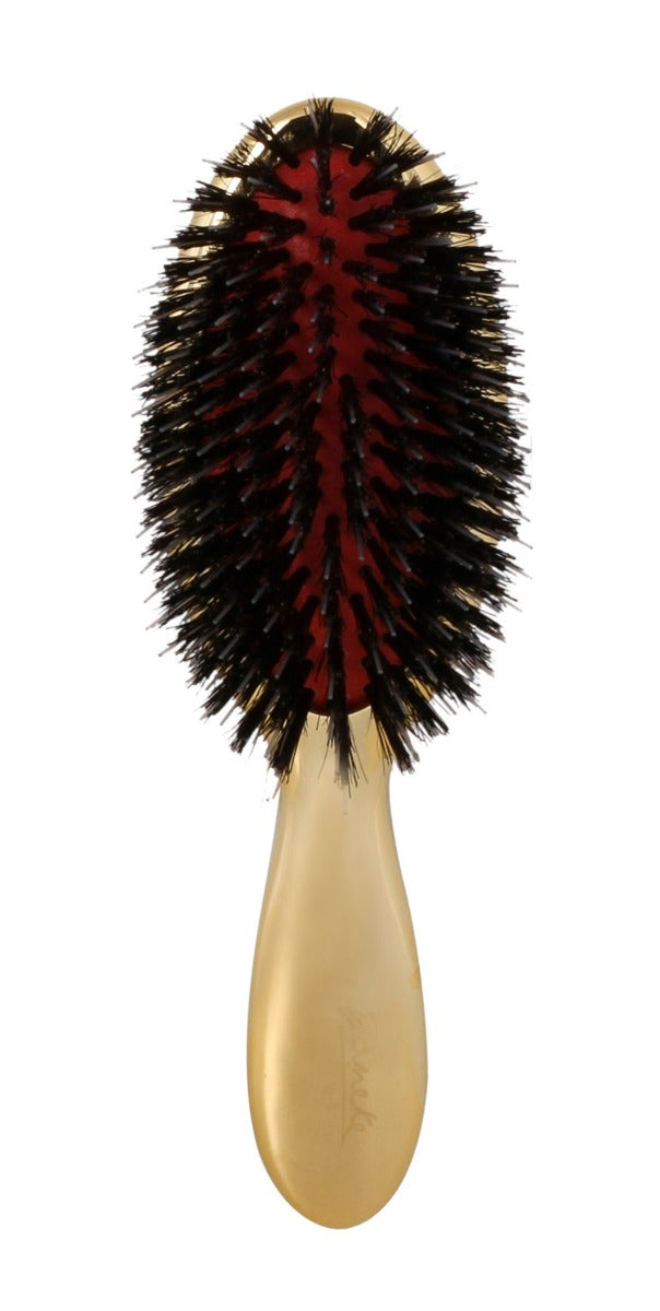 ITALY HAIR BRUSH GOLD WITH NATURAL HAIR & PLASTIC TIPS - SMALL