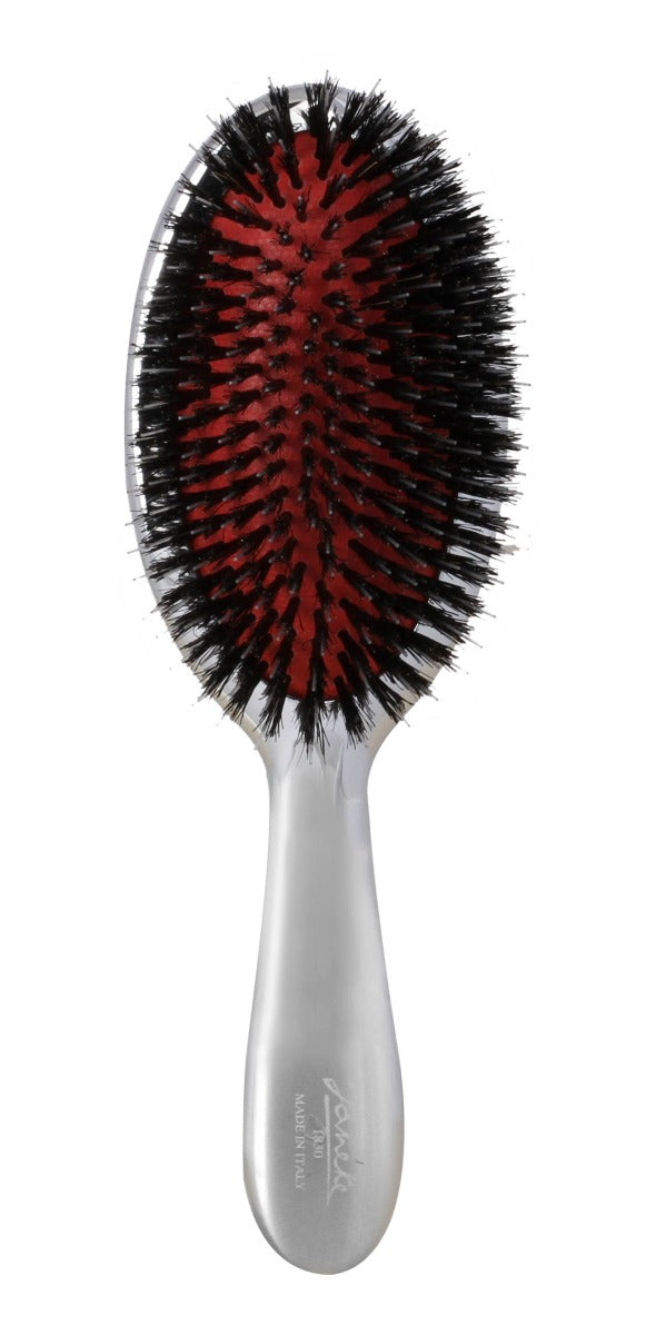 JANEKE HAIR BRUSH CHROME WITH NATURAL HAIR & PLASTIC TIPS - MEDIUM SIZE