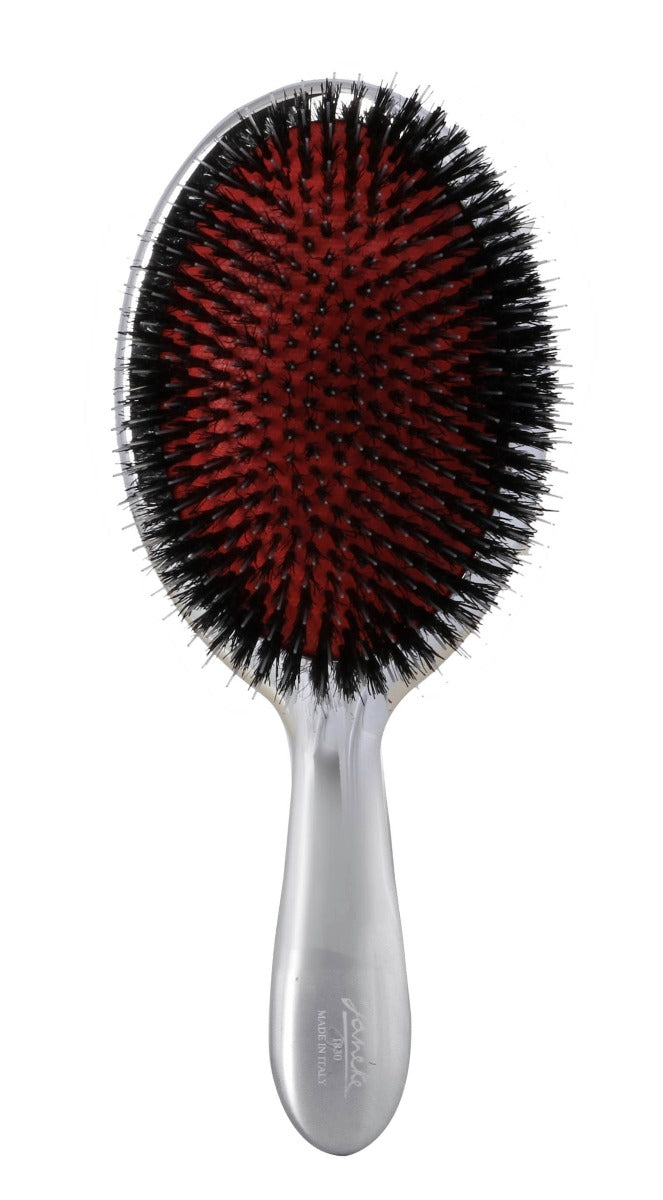 JANEKE HAIR BRUSH CHROME WITH NATURAL HAIR & PLASTIC TIPS - LARGE SIZE