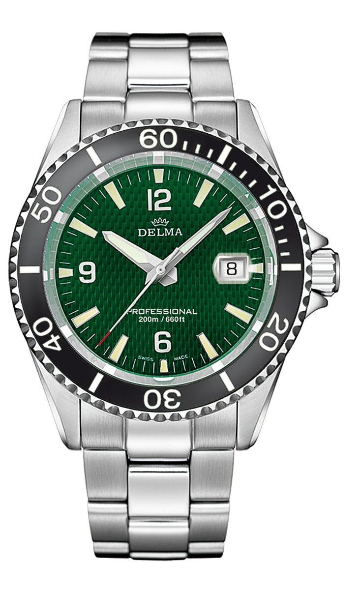 DELMA SWISS MADE MAN WATCH SANTIAGO PROFESSIONAL BLACK CERAMIC BEZEL STAINLESS STEEL GREEN DIAL