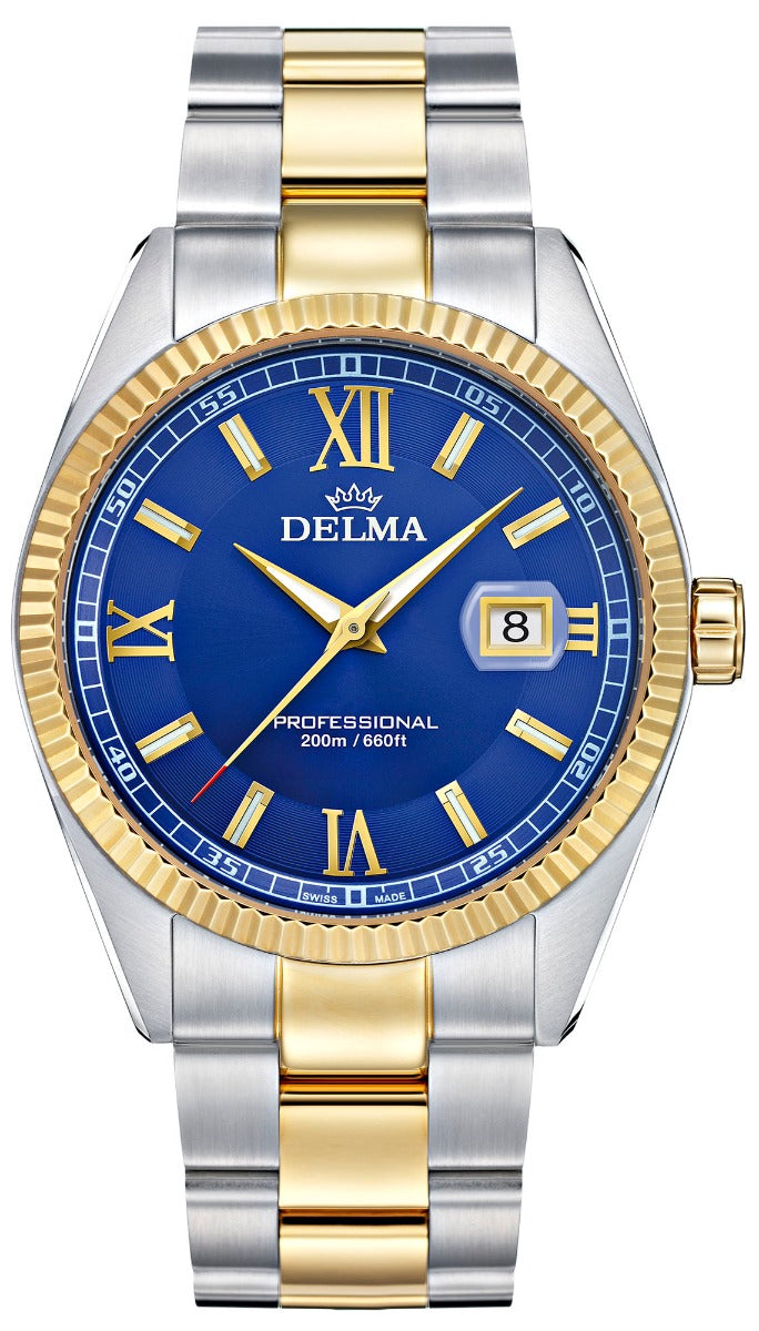 DELMA SWISS MADE MAN WATCH SEA STAR PROFESSIONAL STAINLESS STEEL BICOLOR BLUE DIAL SAPHIRE CRY