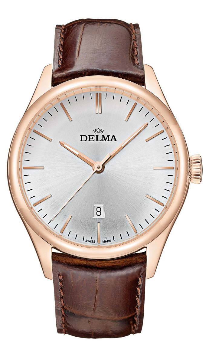 DELMA SWISS MADE MAN WATCH HERITAGE ROSE GOLD STAINLESS STEEL CASE WHITE DIAL SAPPHIRE CRYSTAL GLASS