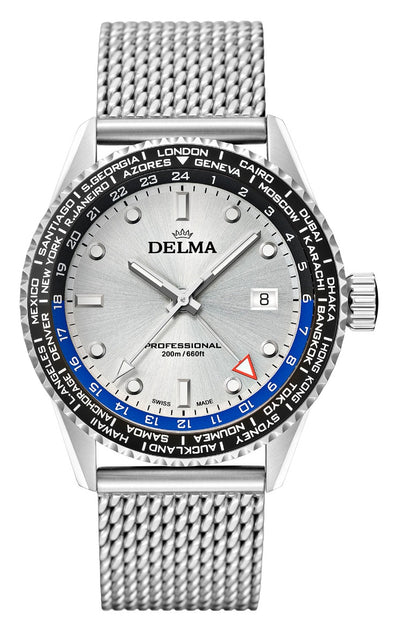 DELMA SWISS MADE MAN WATCH CAYMAN WORLDTIMER PROFESSIONAL STAINLESS STEEL SILVER DIAL