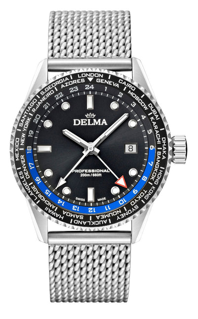 DELMA SWISS MADE MAN WATCH CAYMAN WORLDTIMER PROFESSIONAL STAINLESS STEEL BLACK DIAL