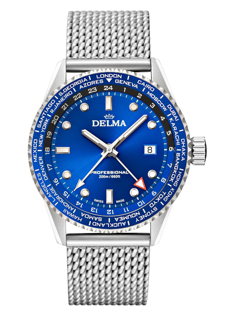 DELMA SWISS MADE MAN WATCH CAYMAN WORLDTIMER PROFESSIONAL STAINLESS STEEL BLUE DIAL