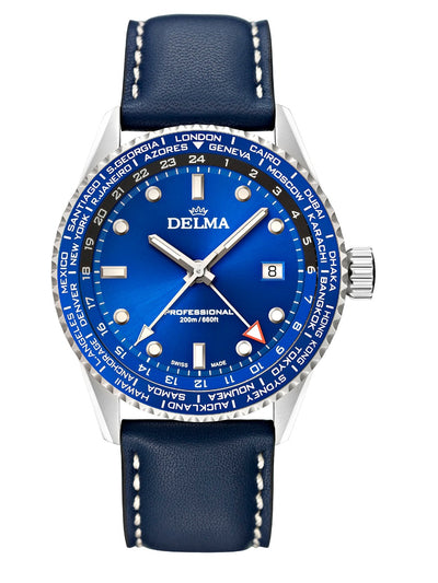 DELMA SWISS MADE MAN WATCH CAYMAN WORLDTIMER PROFESSIONAL BLUE DIAL