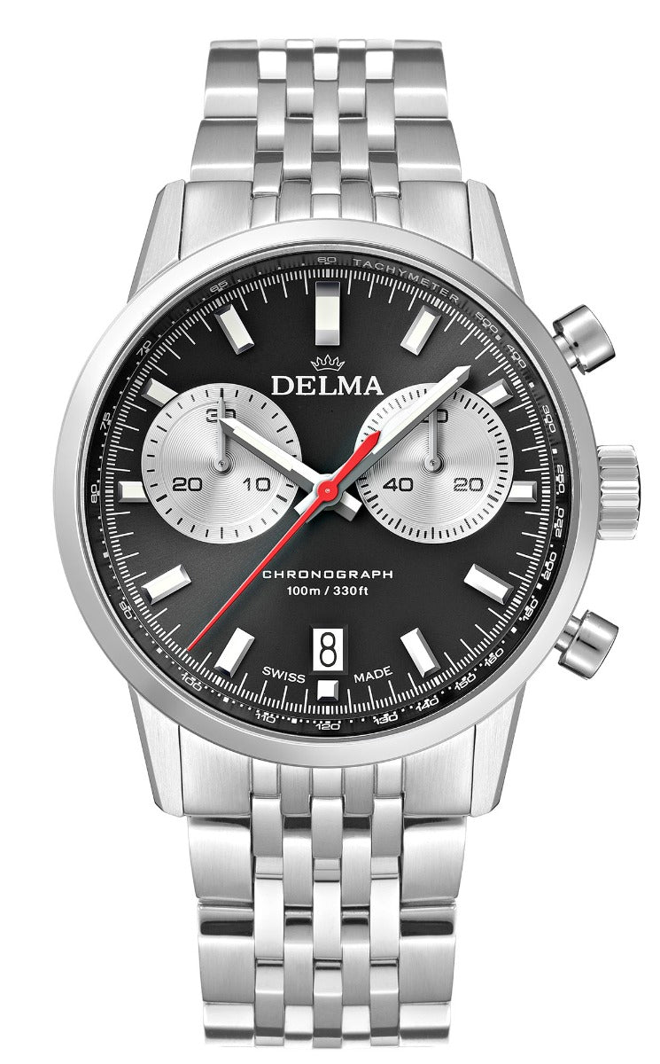 DELMA SWISS MADE MAN WATCH CONTINENTAL CHRONOGRAPH WITH TIME AND TACHYMETER STAINLESS STEEL BLACK D