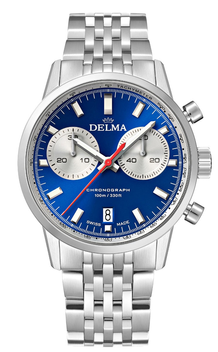 DELMA SWISS MADE MAN WATCH CONTINENTAL CHRONOGRAPH WITH TIME AND TACHYMETER STAINLESS STEEL BLUE D