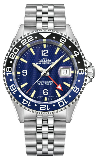 DELMA SWISS MADE MAN WATCH SANTIAGO MERIDIAN GMT MARKER PREFESSIONAL STAINLESS STEEL BLUE DIAL