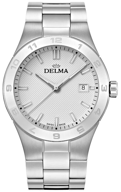 DELMA SWISS MADE MAN WATCH RIALTO STAINLESS STEEL WHITE DIAL SAPHIRE CRYSTAL GLASS