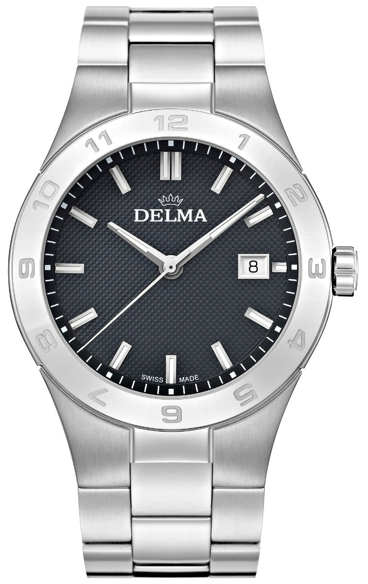 DELMA SWISS MADE MAN WATCH RIALTO STAINLESS STEEL BLACK DIAL SAPHIRE CRYSTAL GLASS