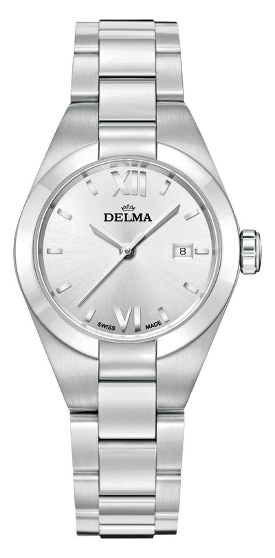 DELMA SWISS MADE LADIES WATCH RIMINI STAINLESS STEEL SILVER DIAL SAPHIRE CRYSTAL GLASS