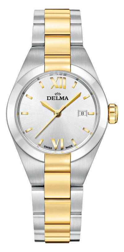 DELMA SWISS MADE LADIES WATCH RIMINI BICOLOR STAINLESS STEEL SILVER DIAL SAPHIRE CRYSTAL GLASS