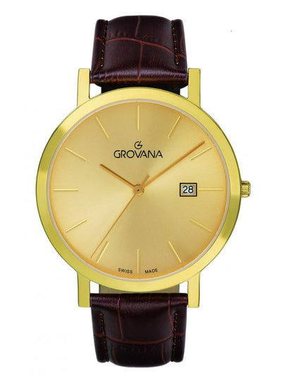 GROVANA SWISS MADE MAN WATCH STAINLESS STEEL GOLD CASE CHAMPAGNE DIAL SAPHIRE CRYSTAL