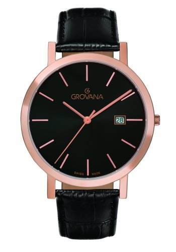 GROVANA SWISS MADE MAN WATCH ALL STAINLESS STEEL ROSE GOLD CASE BLACK DIAL SAPPHIRE CRYSTAL GLASS W