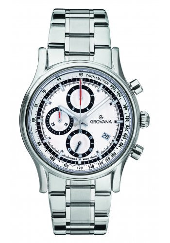 GROVANA SWISS MADE MAN WATCH CHRONOGRAPH TACHYMETER ALL STAINLESS STEEL WHITE DIAL SAPHIRE CRYSTAL G