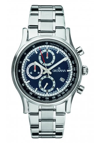 GROVANA SWISS MADE MAN WATCH CHRONOGRAPH TACHYMETER ALL STAINLESS STEEL BLUE DIAL SAPHIRE CRYSTAL G