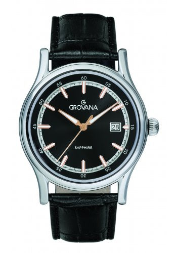 GROVANA SWISS MADE MAN WATCH ALL STAINLESS STEEL CASE BLACK DIAL SAPHIRE CRYSTAL GLASS