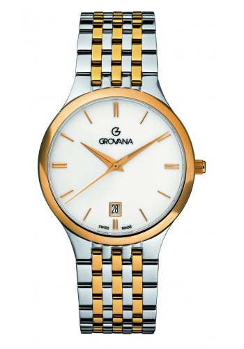 GROVANA SWISS MADE MAN WATCH TRADITIONAL ALL STAINLESS STEEL BICOLOR WHITE DIAL SAPHIRE CRYSTAL