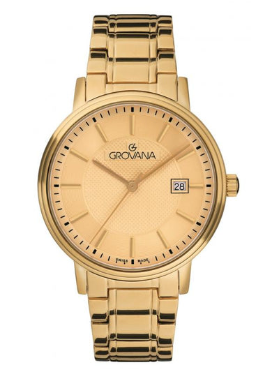 GROVANA SWISS MADE MAN WATCH STAINLESS STEEL GOLD CASE GOLD DIAL SAPHIRE CRYSTAL GLASS