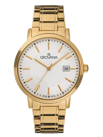 GROVANA SWISS MADE MAN WATCH STAINLESS STEEL GOLD CASE WHITE DIAL SAPHIRE CRYSTAL GLASS