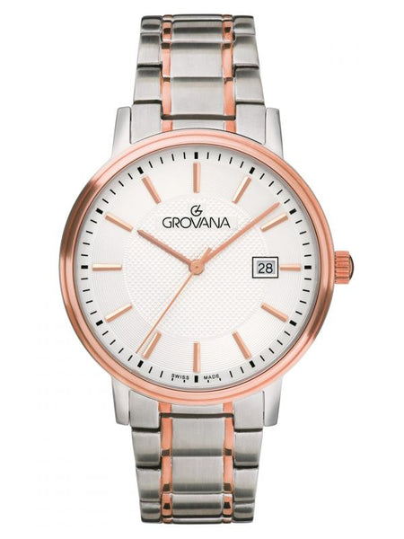 GROVANA SWISS MADE MAN WATCH STAINLESS STEEL BICOLOR CASE SILVER DIAL GAZZAZ