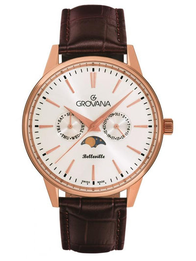 GROVANA SWISS MADE MAN WATCH STAINLESS STEEL ROSE GOLD CASE SILVER DIAL SAPHIRE CRYSTAL GLAS