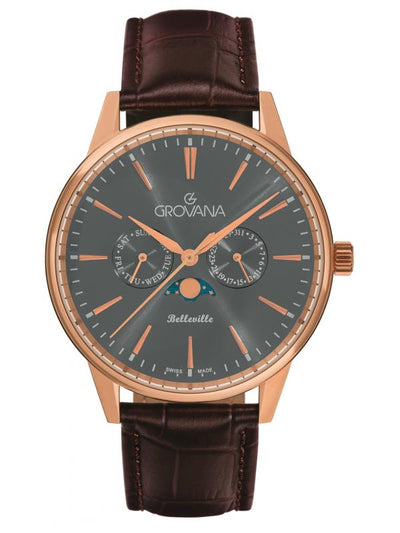 GROVANA SWISS MADE MAN WATCH STAINLESS STEEL ROSE GOLD CASE ANTHRACITE DIAL SAPHIRE CRYSTAL