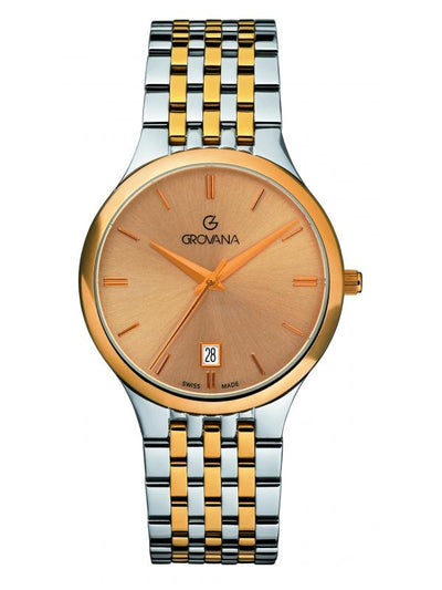 GROVANA SWISS MADE MAN WATCH STAINLESS STEEL BICOLOR CASE CHAMPAGNE DIAL SAPHIRE CRYSTAL GLASS