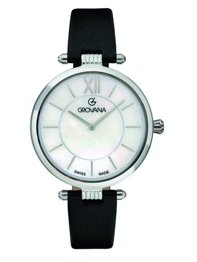 GROVANA SWISS MADE WOMAN WATCH STAINLESS STEEL CASE MOP SILVER DIAL SAPHIRE CRYSTAL