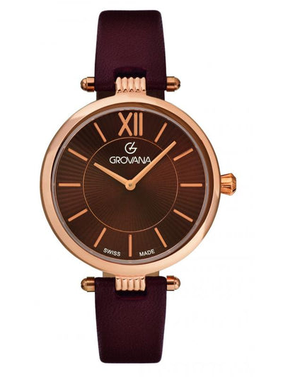 GROVANA SWISS MADE WOMAN WATCH STAINLESS STEEL ROSE GOLD CASE BROWN DIAL SAPHIRE CRYSTAL GLASS