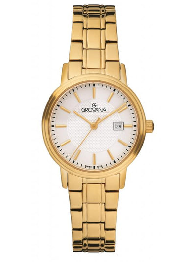 GROVANA SWISS MADE WOMAN WATCH STAINLESS STEEL GOLD CASE SILVER DIAL SAPHIRE CRYSTAL GLASS