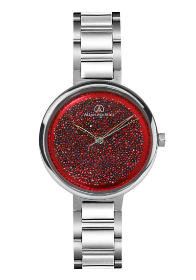 ALLAN MAURICE LADIES WATCH ALL STAINLESS STEEL CASE RED SHINING DIAL JAPANESE QUARTZ MOVEMENT WATER