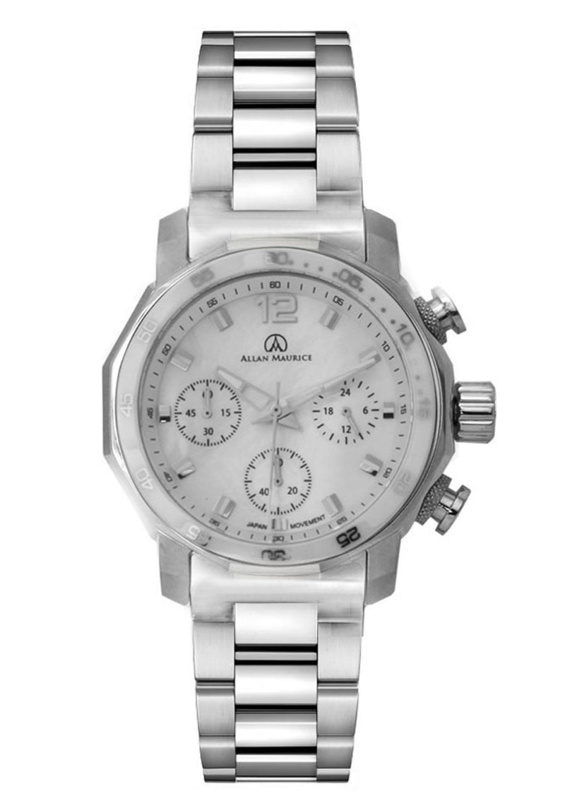 ALLAN MAURICE LADIES WATCH ALL STAINLESS STEEL CASE WHITE BEZEL AND DIAL JAPANESE QUARTZ MOVEMENT WA