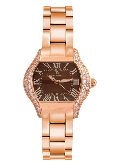 ALLAN MAURICE LADIES WATCH ALL ROSE GOLD STAINLESS STEEL BROWN DIAL SETING STONE JAPANESE QUARTZ MOV