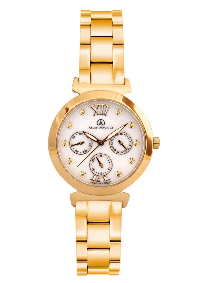 ALLAN MAURICE LADIES WATCH ALL GOLD STANLESS STEEL WHITE DIAL QUARTZ J GAZZAZ