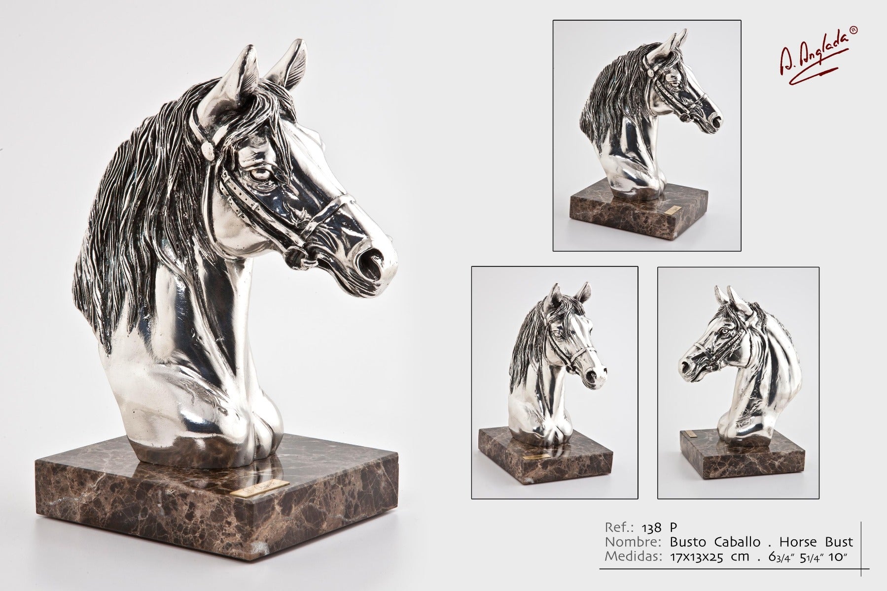 SPANISH SILVR HORSE BUST W/MARBLE BASE HIGHT 25CM
