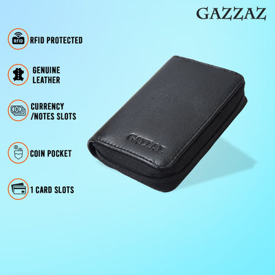 GZZAZZ COWHIDE LETHR CARD CASE BLACK W ZIPPER
